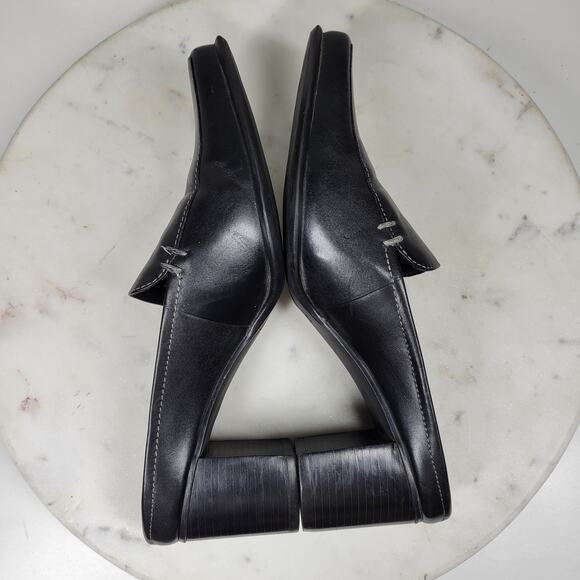 VTG Bass Artist Mules Womens 6 Black Leather Slip On Square Toe Block Heel 2003 - Picture 14 of 16